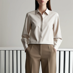 **

A minimalist and modern office look featuring a structured COS shirt paired with tailored trousers. The color palette is neutral, emphasizing clean lines and architectural silhouettes.

**
