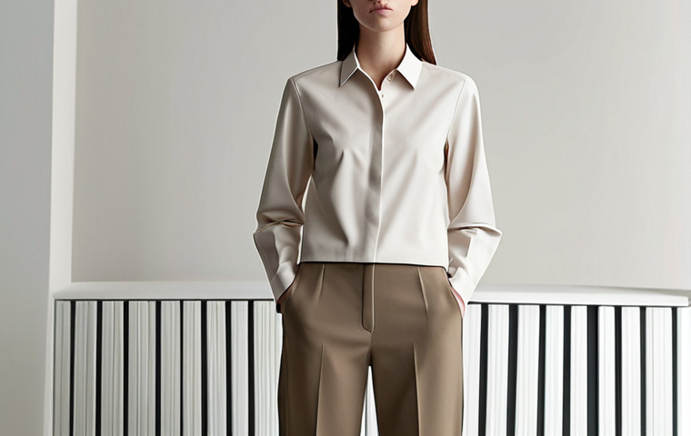 **
A minimalist and modern office look featuring a structured COS shirt paired with tailored trousers. The color palette is neutral, emphasizing clean lines and architectural silhouettes.
**