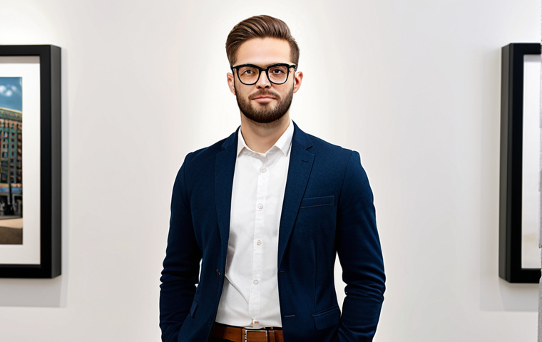 A confident young professional, fully clothed in a modern, stylish business-casual outfit, standing in a contemporary art gallery. The individual is wearing bold, oversized eyeglasses with a unique frame and flat lenses, making a strong fashion statement. The lighting is bright and clean, emphasizing the architectural lines of the space. Perfect anatomy, correct proportions, natural pose, well-formed hands, proper finger count, natural body proportions, professional photography, high quality, safe for work, appropriate content, modest clothing, family-friendly.