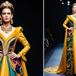 A confident female model, fully clothed in a luxurious, professionally tailored long gown featuring a bold and ornate Baroque pattern in rich gold and vibrant jewel tones. The dress has elegant draping, subtle embroidery, and is styled with a statement gold necklace and earrings, inspired by classic Medusa motifs. The setting is a grand, opulent runway with dramatic, theatrical lighting and an elaborate backdrop. Professional photography, high resolution, cinematic lighting, ultra detailed, sharp focus, perfect anatomy, correct proportions, natural pose, well-formed hands, proper finger count, natural body proportions, safe for work, appropriate content, fully clothed, modest clothing.