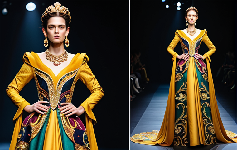 A confident female model, fully clothed in a luxurious, professionally tailored long gown featuring a bold and ornate Baroque pattern in rich gold and vibrant jewel tones. The dress has elegant draping, subtle embroidery, and is styled with a statement gold necklace and earrings, inspired by classic Medusa motifs. The setting is a grand, opulent runway with dramatic, theatrical lighting and an elaborate backdrop. Professional photography, high resolution, cinematic lighting, ultra detailed, sharp focus, perfect anatomy, correct proportions, natural pose, well-formed hands, proper finger count, natural body proportions, safe for work, appropriate content, fully clothed, modest clothing.