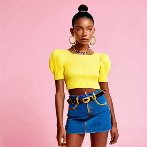 Home 11 Miu Miu Y2K Vibe**
A young woman in a Miu Miu-inspired outfit, featuring a low-rise denim skirt and a cropped knit top in vibrant pink and yellow. She is accessorized with large hoop earrings and a chain belt. The background is a bright, playful studio setting. Fully clothed, appropriate attire, safe for work, perfect anatomy, natural proportions, high-quality fashion photography, professional.
**
