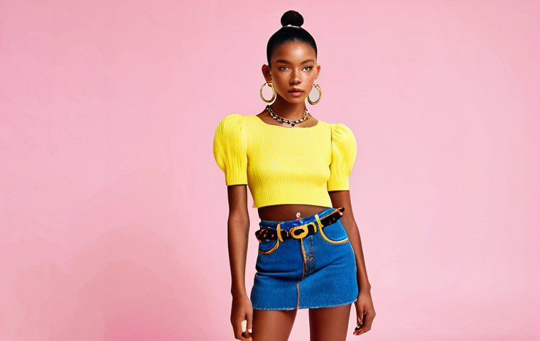 Miu Miu Y2K Vibe**
A young woman in a Miu Miu-inspired outfit, featuring a low-rise denim skirt and a cropped knit top in vibrant pink and yellow. She is accessorized with large hoop earrings and a chain belt. The background is a bright, playful studio setting. Fully clothed, appropriate attire, safe for work, perfect anatomy, natural proportions, high-quality fashion photography, professional.
**